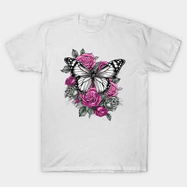 Butterfly and Pink Roses T-Shirt by Grafikstudio